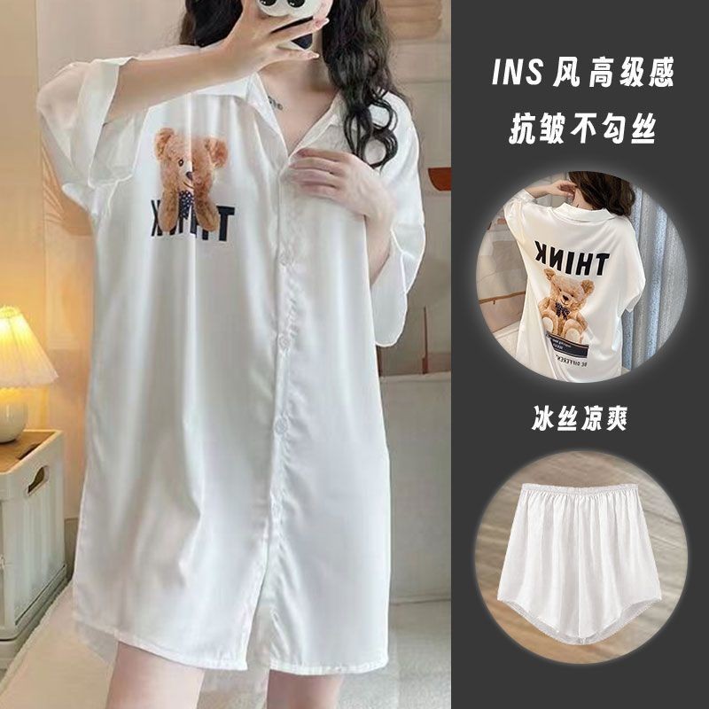 Hàng sẵn có Váy ngủ bằng lụa băng dành cho nữ 2025 Áo sơ mi cao cấp ngắn tay Bộ đồ ngủ Váy quần Short Bộ đồ gia đình