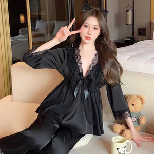 Mùa Xuân Thu Ren Ren Gợi Cảm Nguyên Chất Desire Phong Cách Bộ Đồ Ngủ Băng Lụa Phù Hợp Với Quần Ngọt Ngào Loungewear