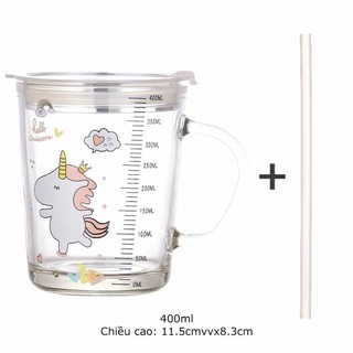 Cốc Chia Vạch Thuỷ Tinh Cốc Pha Sữa Cho Bé Có Ống Hút Silicon Dùng Cho Bé Tập Uống 400ml SUNND