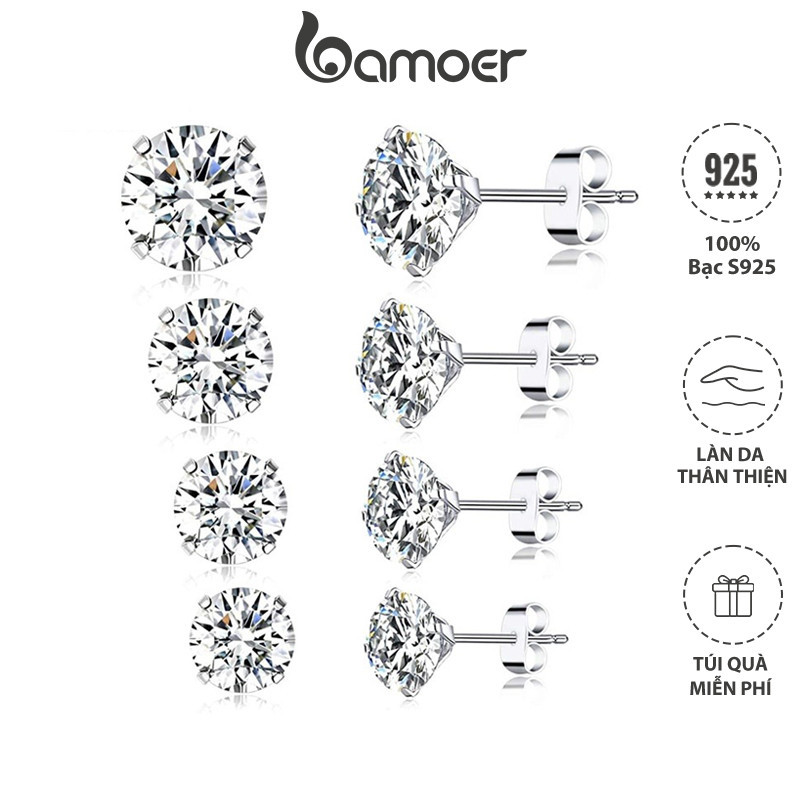 Ảnh Đôi bông tai tròn BAMOER bạc 925 đính đá zircon 4mm 5mm 6mm 7mm thời trang cho nữ 1