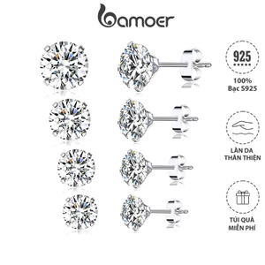 Đôi bông tai tròn BAMOER bạc 925 đính đá zircon 4mm 5mm 6mm 7mm thời trang cho nữ