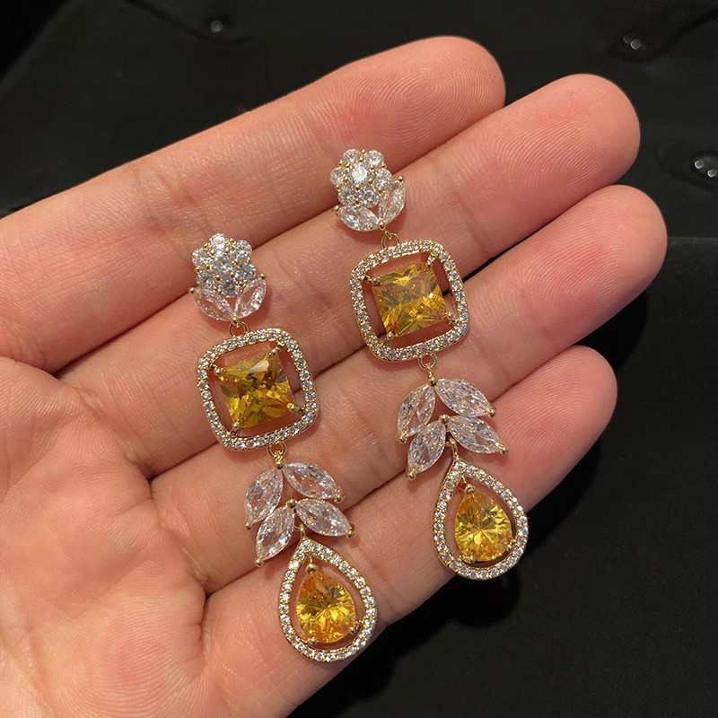 S925 Bạc Kim Hoa Nhiều Màu Sắc Giọt Nước Bông Tai Dài Nữ Ánh Sáng Sang Trọng Full Zircon Tinh Tế Bông Tai