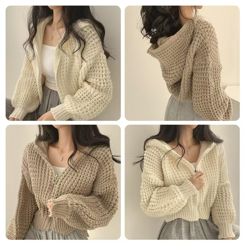 Suxi Hàn Quốc Sang Trọng Dệt Kim Mùa Thu Mới Có Mũ Trùm Đầu Dài Tay Dây Kéo Dệt Kim Cardigan 240906