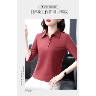 Cotton Nguyên Chất Cổ POLO Dài Tay Chính Hãng Vai Áo Thun Nữ Xuân Thu Phong Cách Mới Trung Niên Mẹ Mặc Tất Cả @