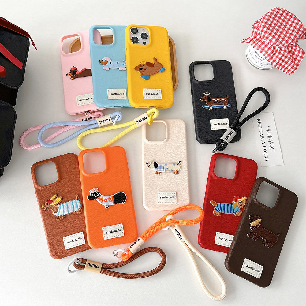 Ốp Điện Thoại Da Thêu Chó + Dây Buộc Cho iPhone 17 Pro Max 16 15 14 13 12 11ProMax Bảo Vệ Toàn Diện Chống Sốc Bảo Vệ Vỏ Mềm