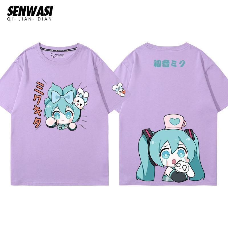 Áo thun cotton cỡ lớn hình in Quế Dog & Miku, dáng rộng unisex, cổ tròn, phù hợp cặp đôi