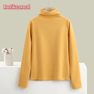 Áo thun nữ trơn cổ cao nhung áo sơ mi giản dị mùa thu đông thời trang nhung đa năng ấm áp