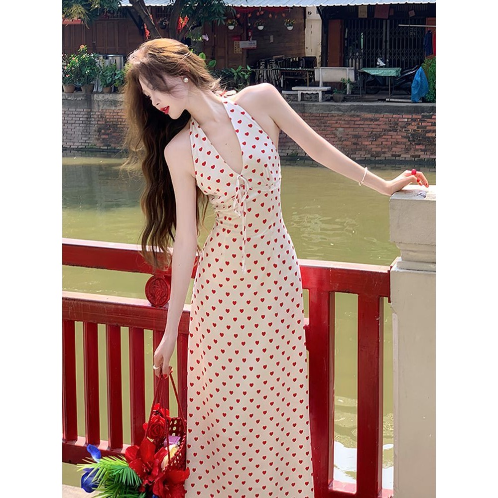 Đầm Nữ Tính Khí Pháp Chấm Bi Cổ Chữ V Mới Mỏng