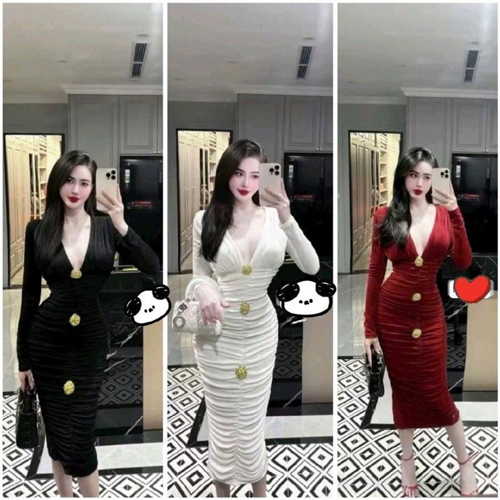 Đầm body dài tay cổ V đính 3 tab, thiết kế sang trọng cho tiệc và đi chơi - Chất liệu thun ladong