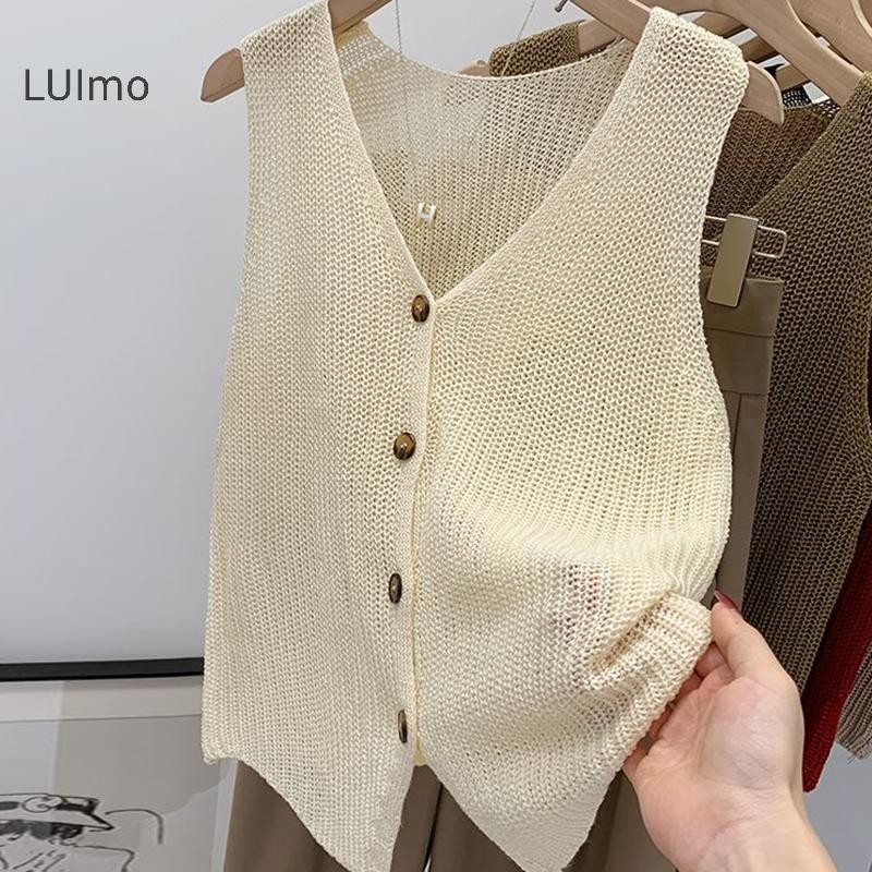 Áo Vest Nữ Mùa Hè Hàn Quốc, Bằng Cotton và Vải Lanh, Cổ Chữ V, Màu Trơn