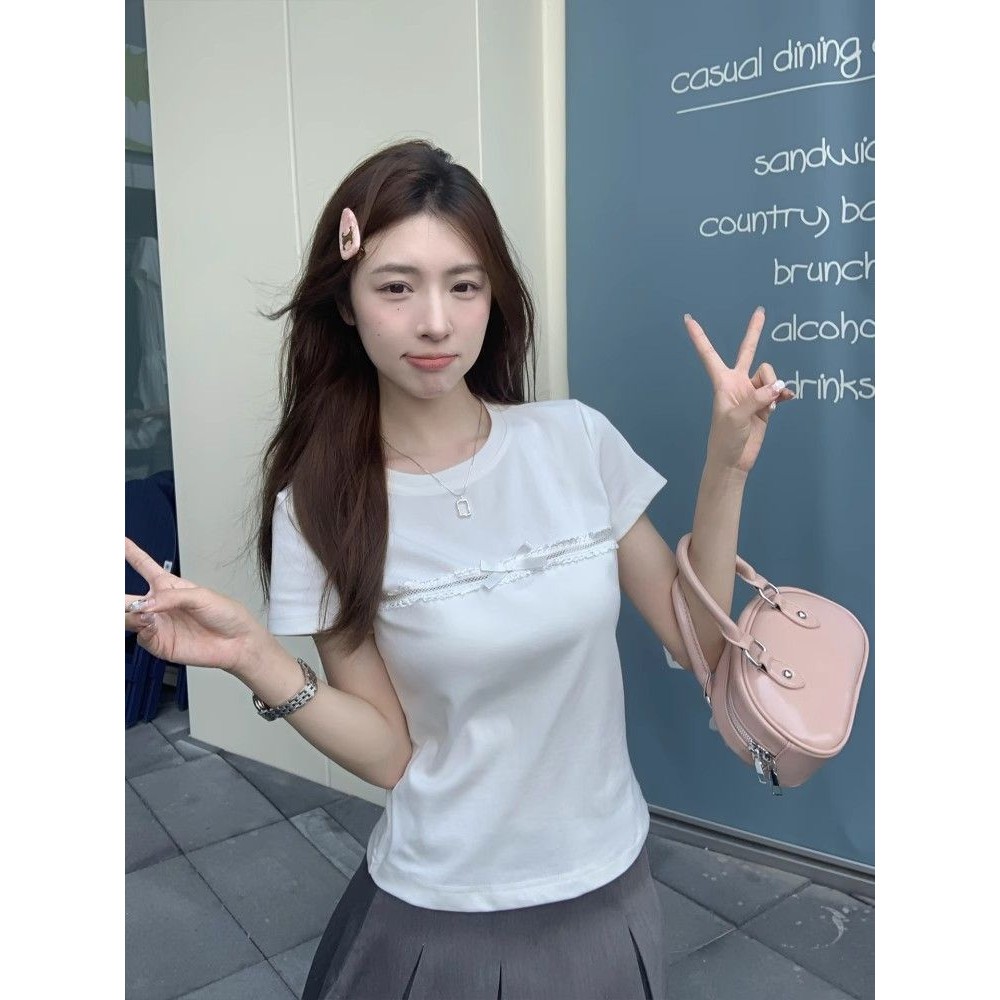 Milyfashion Cotton Nguyên Chất Nơ Trắng Rỗng Cổ Tròn Tay Ngắn T Mùa Hè Slim-fit Ôm Hơn Nhìn Phù Hợp Với Áo Ngắn Nữ tee