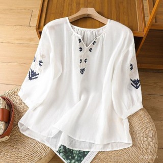 Mùa Hè 2025 Vải Lanh Cotton Thêu Áo Sơ Mi Nữ Cổ Tròn Thoáng Khí Mỏng Đèn Lồng Năm Phần Tư Tay Áo Top