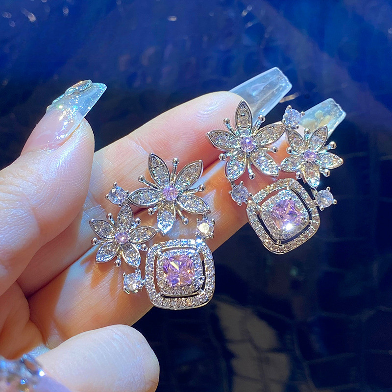 Bông tai hoa Zircon thời trang mới sang trọng sang trọng