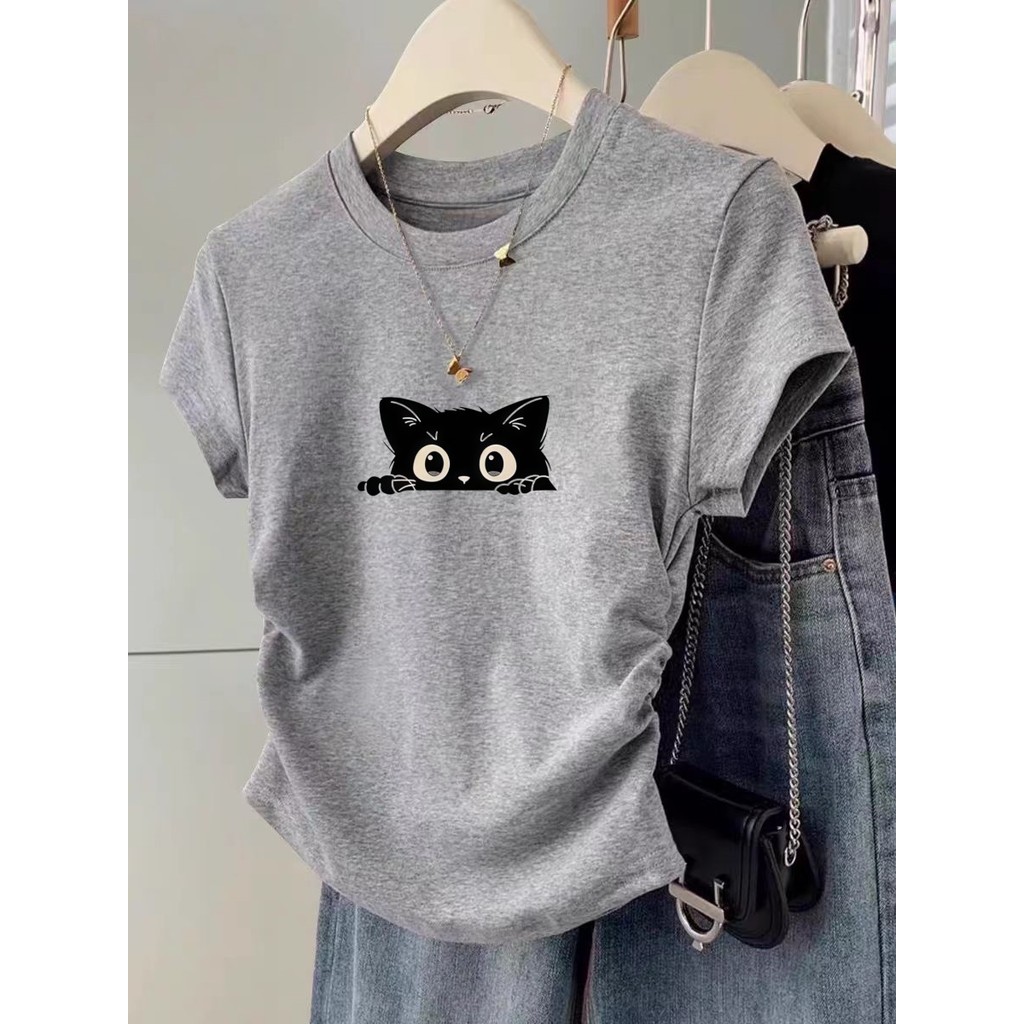 XUANMO Local brand Áo baby tee Áo Thun ôm body Áo y2k cotton Mùa Hè Áo Thun Nữ Tay Ngắn Cổ Tròn In Hình Phong Cách Hàn Quốc