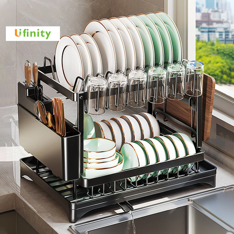 Lifinity Kệ Chén Bát 2 Tầng Gấp Gọn 42cm Có Khay Hứng Nước, Kệ Nhà Bếp Đựng Bát Đĩa Ly, Màu Đen/Trắng