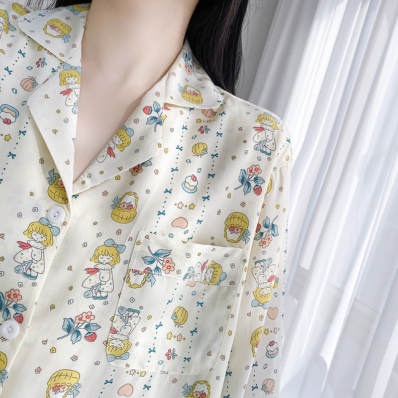 Một Bộ Đồ Ngủ Nữ Hai Mảnh Vải Cotton Lụa Dài Tay, Phù Hợp Cả Mùa Xuân và Mùa Hè