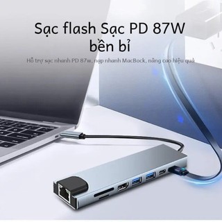 USB Hub 8 trong 1 Type C 3.1 hỗ trợ 4K HDTV với đầu đọc thẻ SD TF RJ45 sạc nhanh PD đa năng tương thích MacBook laptop