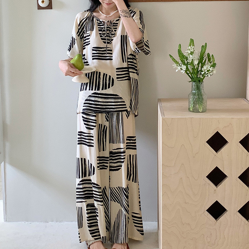 Bộ Đồ Ngủ Nữ Mùa Hè Cotton Lụa, Phong Cách Mới Sọc, Kích Thước Lớn, Phù Hợp Làm Loungewear
