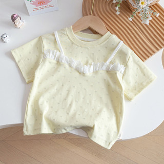 Mùa Hè Phong Cách Mới Bé Gái Ngọt Ngào Ren Áo Thun Tay Ngắn Ren Cho Bé In Full Phiên Bản Hàn Quốc Trẻ Em Top