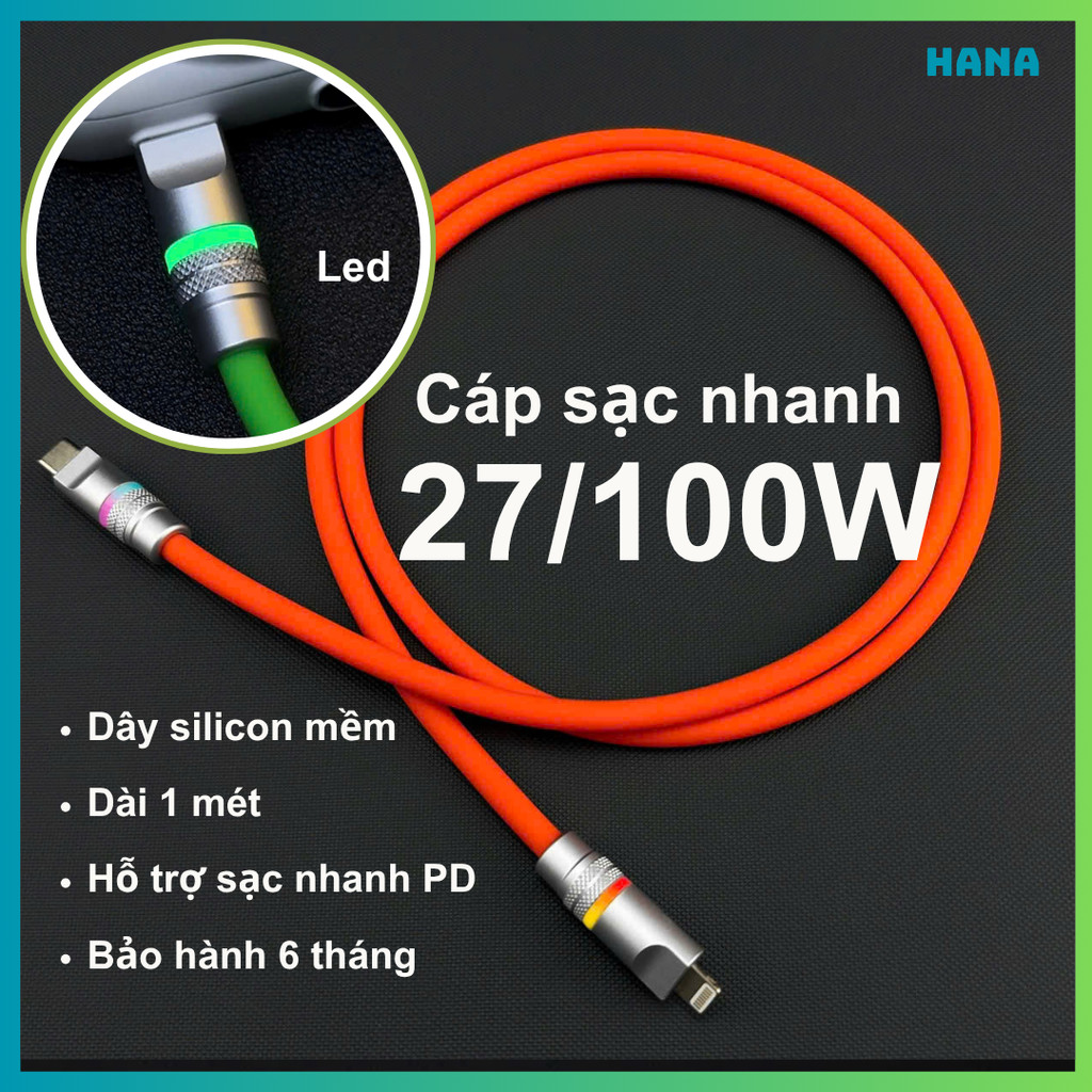 Cáp sạc nhanh 100W Type C - L / C - C, dài 1 mét, có chip E-marker, có đèn đổi màu, chất liệu silicon mềm, decor đẹp