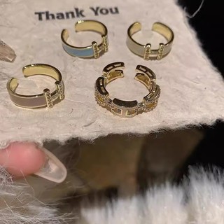 Nhẫn chữ H nhiều màu sắc, điều chỉnh size dành cho nữ, thiết kế mở với kim cương nhân tạo, phong cách Pháp