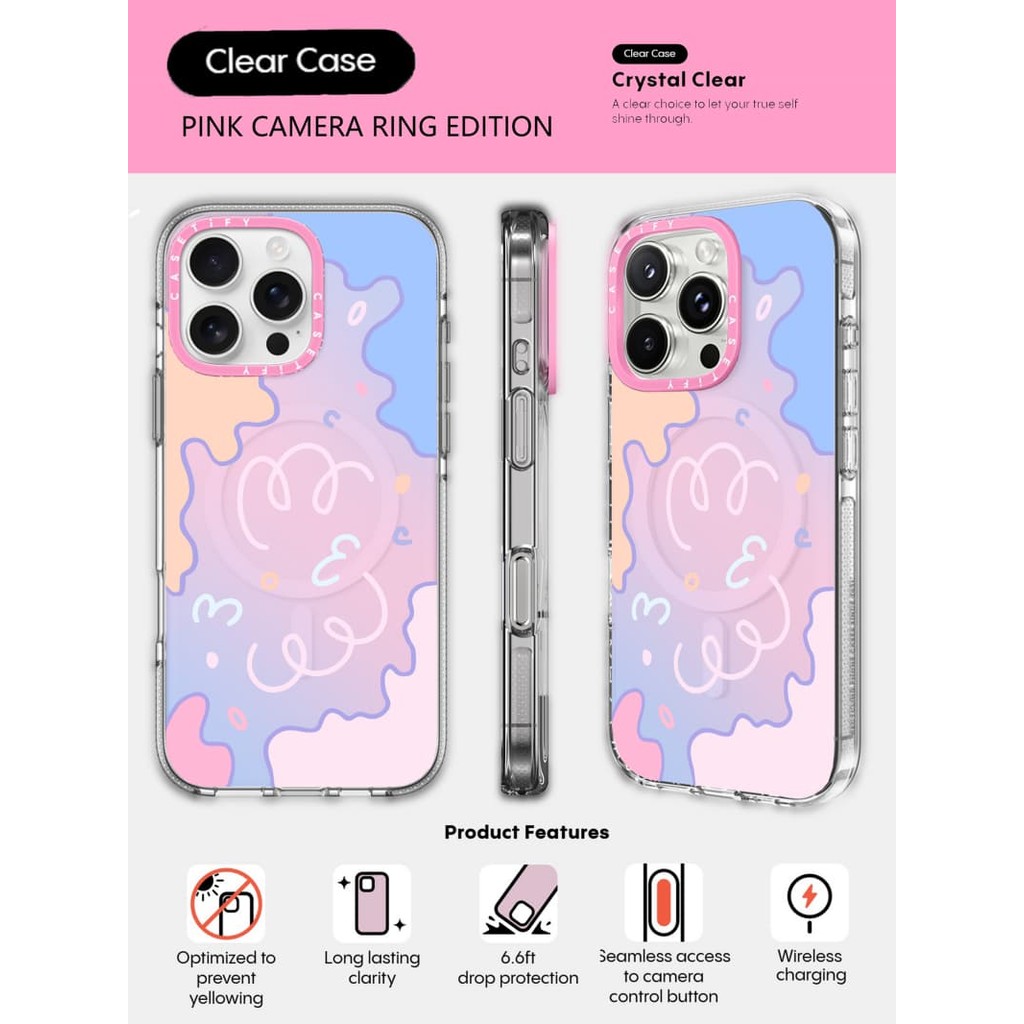 CASECASE X Ốp lưng chuyển màu Pastel trong suốt HỒNG CAMERA RING EDITION Tác động Vỏ hút từ tính trong suốt cho iPhone 16 / 15 / 14 / 13 Pro Max với bao bì cao cấp