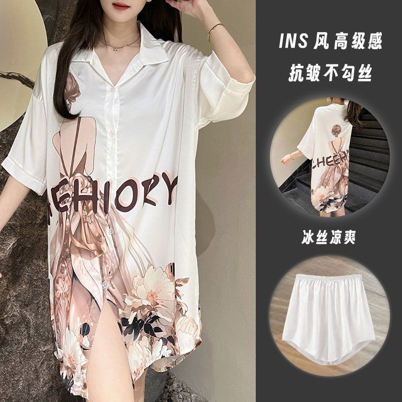 Hàng sẵn có Váy ngủ bằng lụa băng dành cho nữ 2025 Áo sơ mi cao cấp ngắn tay Bộ đồ ngủ Váy quần Short Bộ đồ gia đình
