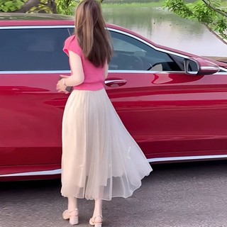 Váy lưới hồng đỏ vai trần phong cách phương Tây, phù hợp mùa hè