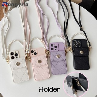 Dành Cho iPhone 15 14 Plus X XR XS 11 13 Pro Max 12 Pro 12 13 Mini 7 8 6 6s Plus SE Hộp Đựng Thẻ Vỏ Điện Thoại 3D Kim Loại Camilla Túi Đựng Thẻ Ví Ngọc Trai Dây Đeo Ngang Vỏ Điện Thoại