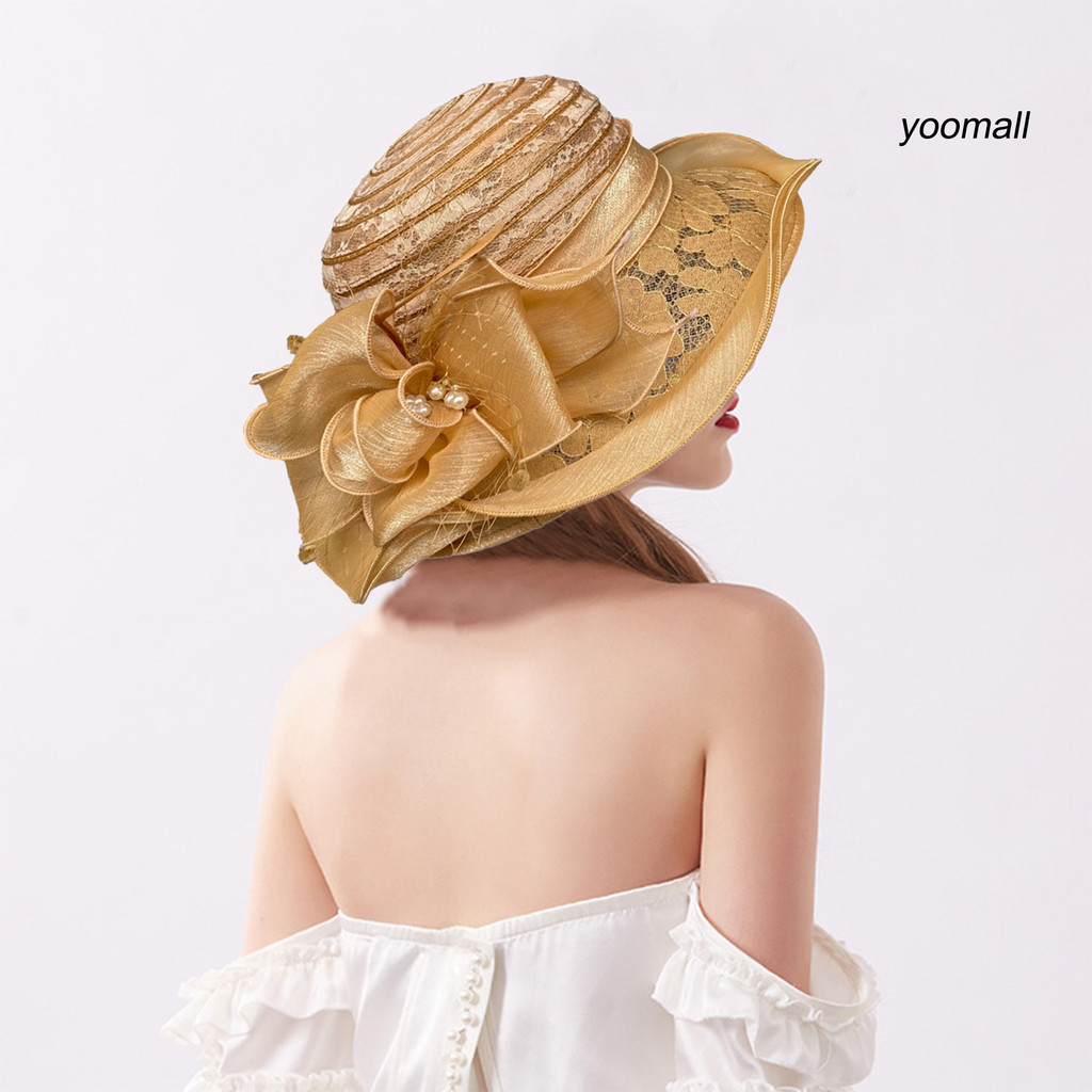 [Yo] Nữ Mũ Ngư Dân Organza Ren Nơ Ngọc Trai Giả Lông Vũ Trang Trí Vintage Phong Cách Hoàng Gia Phẳng Top Chống Tia UV Chống Nắng Dự Tiệc Trang Trọng Dịp Mũ