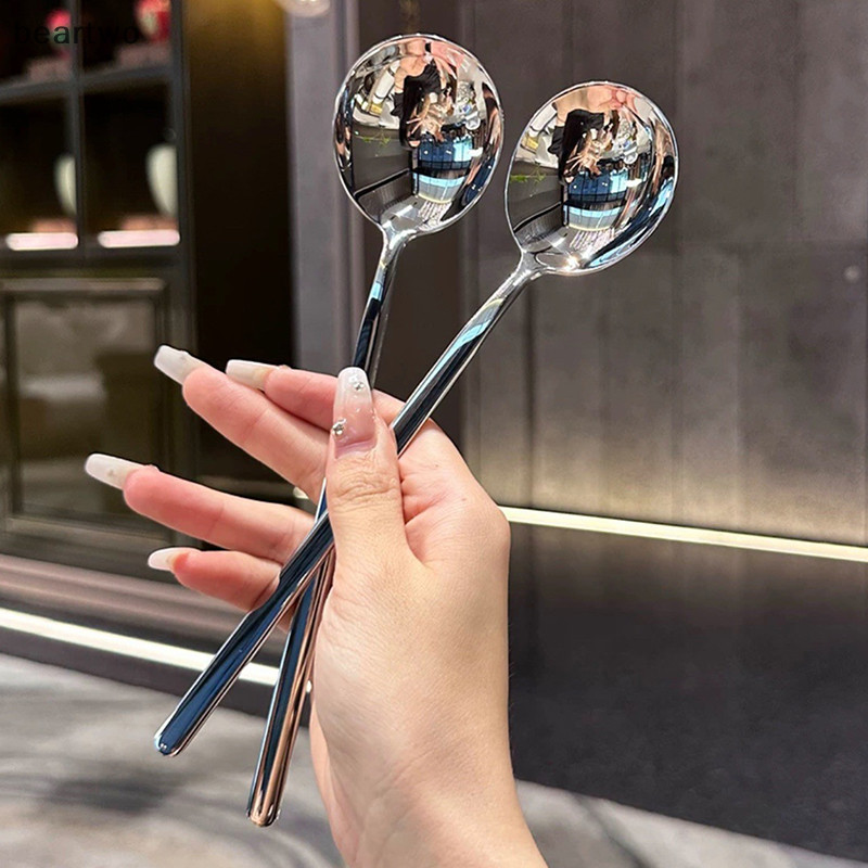 < Beartwo > Thìa Inox Tay Cầm Dài Hàn Quốc Bộ Đồ Ăn Làm Dày Khuấy Thìa Đá Thìa Bữa Ăn Thìa Ăn Tối Gia Đình Đẹp