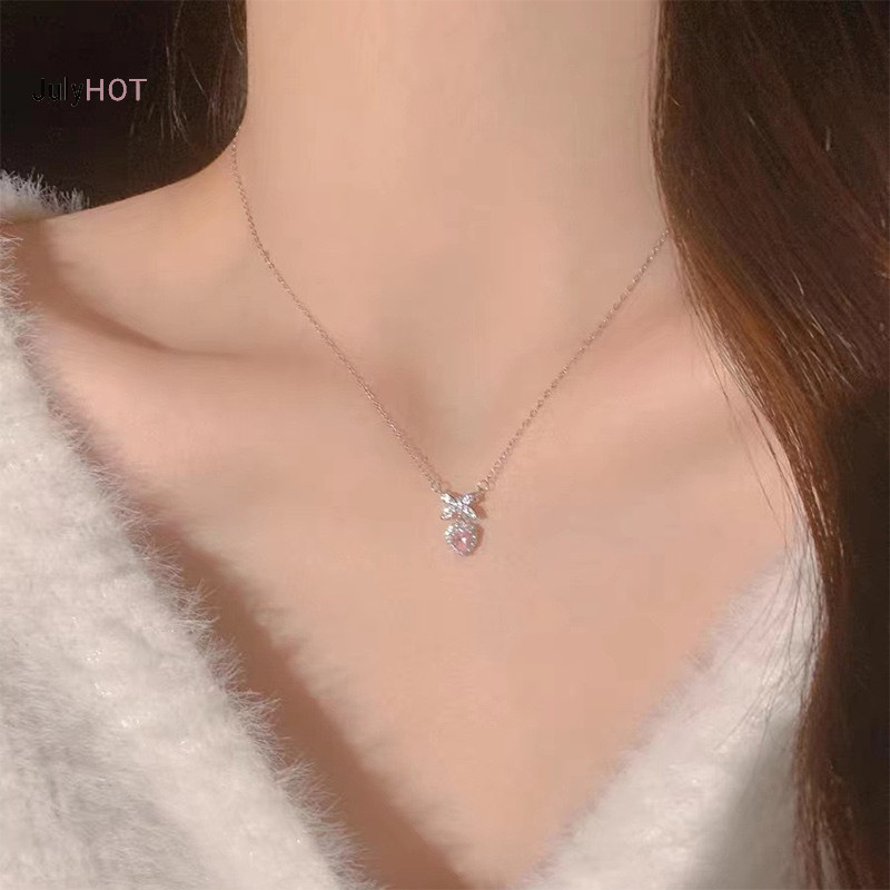 Julyhot Pha Lê Zircon Nơ Trái Tim Mặt Dây Chuyền Vòng Cổ Trái Tim Hồng Nữ Cô Gái Thời Trang Thanh Lịch Xương Đòn Dây Chuyền Dành Cho Nữ Trang Sức Massivedeals