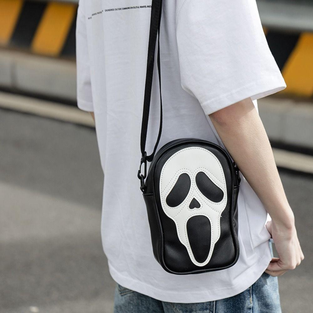 Túi ma quỷ GUSTAVA, Túi đeo chéo Halloween cổ điển bằng da PU, Gói Fanny trắng đen thông thường Unisex