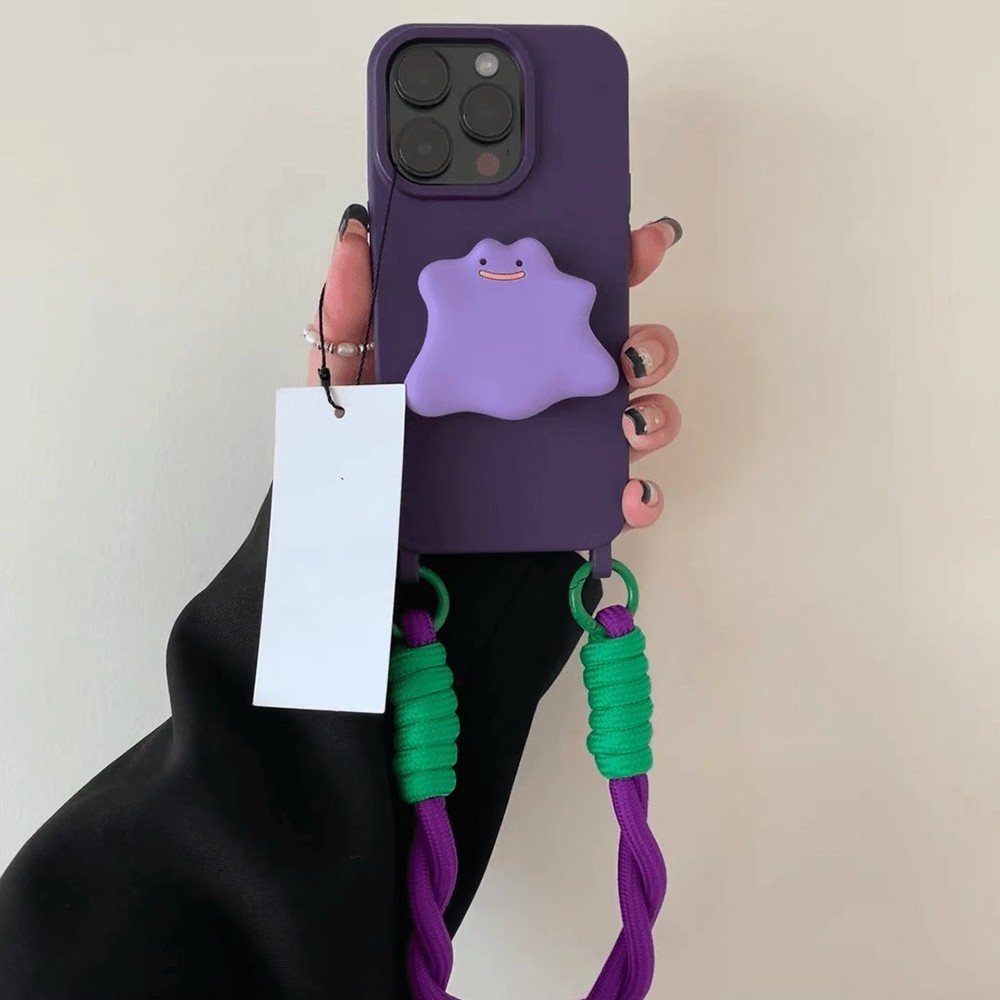 Giá đỡ ma màu tím + Vỏ điện thoại dây ngắn dài cho iPhone 17 Pro Max 17 Air 16Plus 15 14 13 12 11 Pro Max IX Vỏ bảo hiểm toàn diện Vỏ bảo vệ chống sốc
