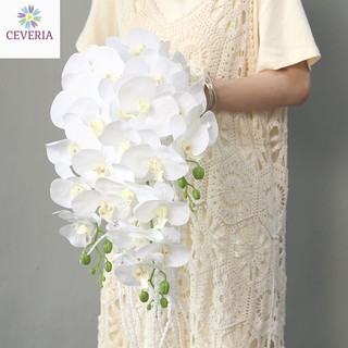Bó hoa cưới cầm tay cô dâu nhân tạo CEVERIA thác đổ Lan mix