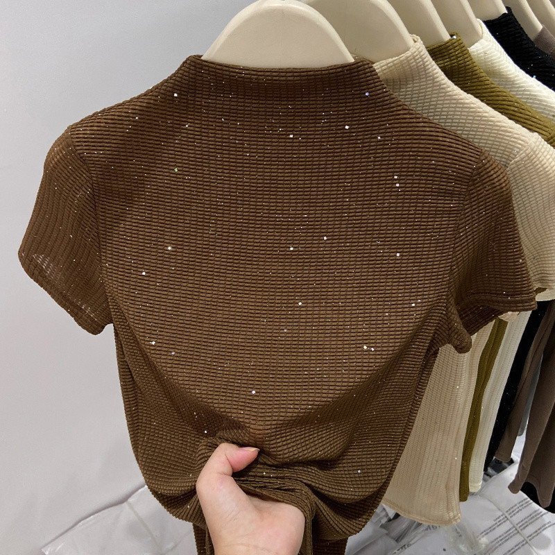 Milyfashion Size Lớn Ôm Hơn Nhìn Nửa Cổ Cao Tay Ngắn Sequined Áo Thun Mùa Hè Phong Cách Mới Phù Hợp Với Da Hàng Đầu