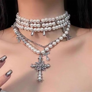 Exhila Vintage Ngọc Trai Nhiều Lớp Dây Vòng Cổ Choker Với Hợp Kim Chắc Chắn Chữ Thập Mặt Dây Chuyền Trang Sức Phụ Kiện Cho Hợp Thời Trang