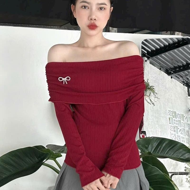 Áo trễ vai tay dài vải xịn bản to cho mùa thu đông chất liệu thun gân co giãn 4 chiều thoải mái sang trọng - A29