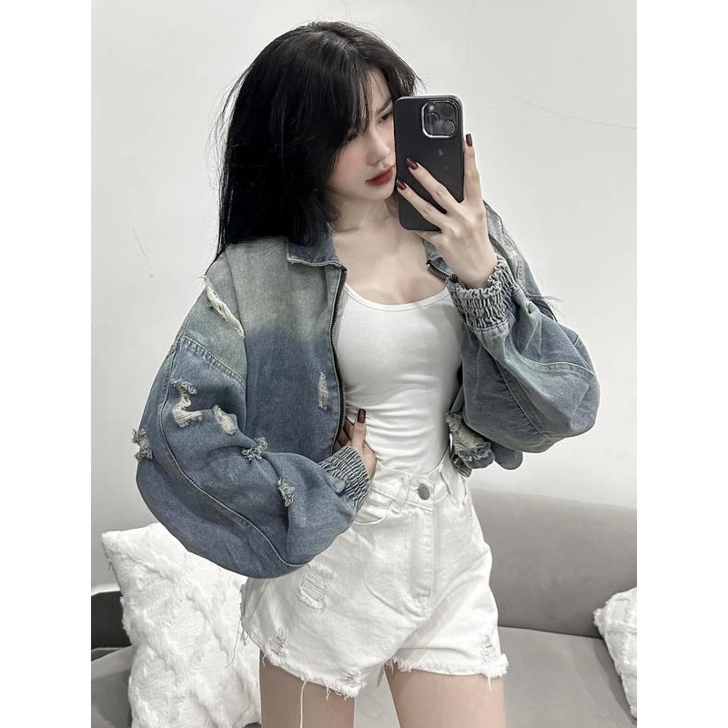 Áo khoác jean nữ croptop rách phong cách cá tính trẻ trung năng động mặc đi chơi đi học đi làm- AK015 Denim Jacket Women