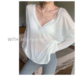Milyfashion Loose Size Lớn Thường Ngày Trắng Mỏng Hơi Trong Suốt Cổ Chữ v Dài Tay T Mùa Hè Top