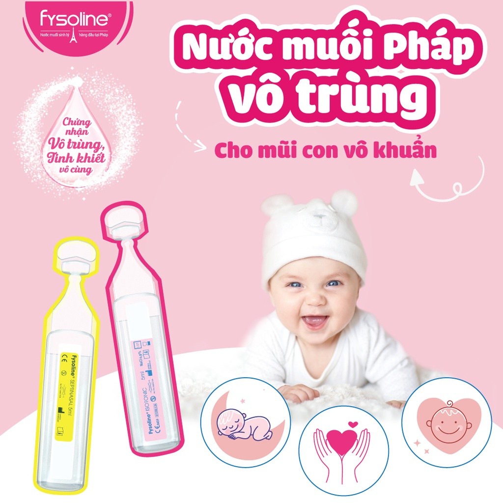 Mô tả Nước muối sinh lí FYSOLINE hỗ trợ kháng khuẩn, hỗ trợ viêm mũi, sổ mũi cho bé (Hộp vàng 20 ống x 5ml) - 4