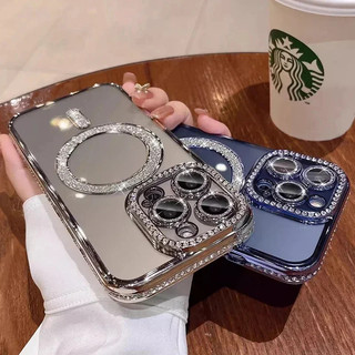 Ốp điện thoại phim ống kính pha lê Bling sang trọng cho iPhone 16 15 Pro Max Plus Sạc không dây từ tính Vỏ trong suốt