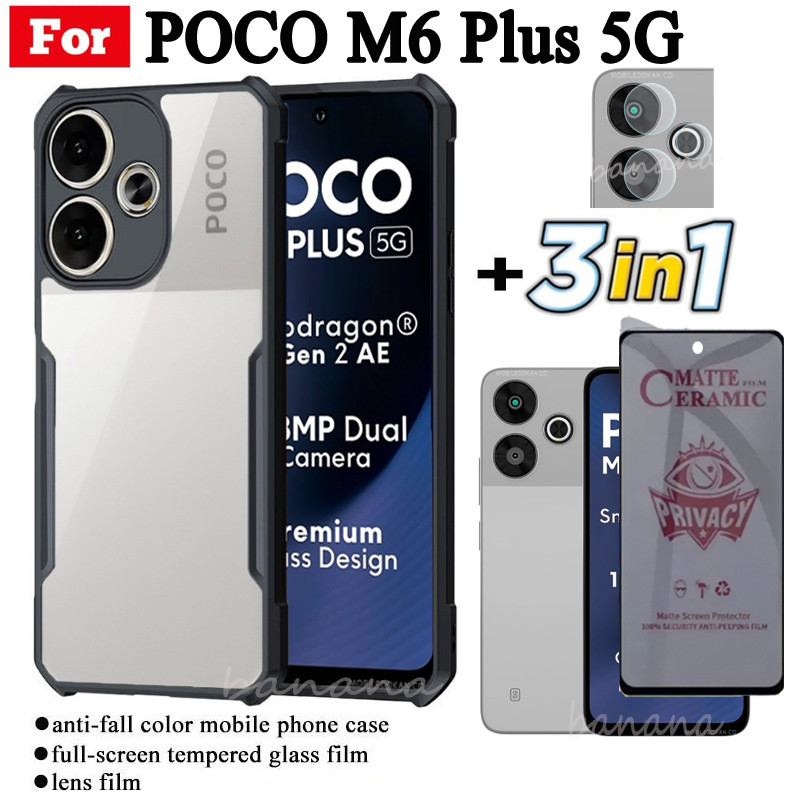 Ốp Điện Thoại Chống Sốc 3 Trong 1 Poco M6 Plus Cho Poco C61 C65 M6 4G 5G Chống Gián Điệp Mềm Gốm Mờ Bảo Mật Kính Cường Lực