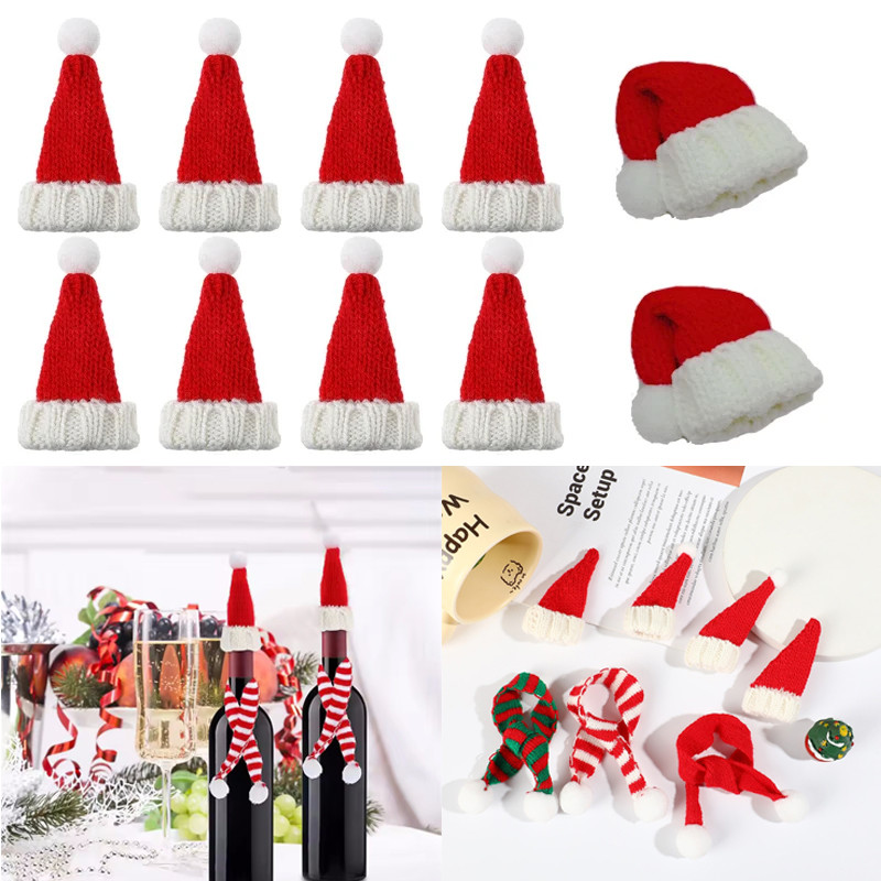 Bộ nắp chai rượu vang dự tiệc Giáng sinh mới Trang trí chai ông già Noel bằng vải dệt kim Mũ đỏ
