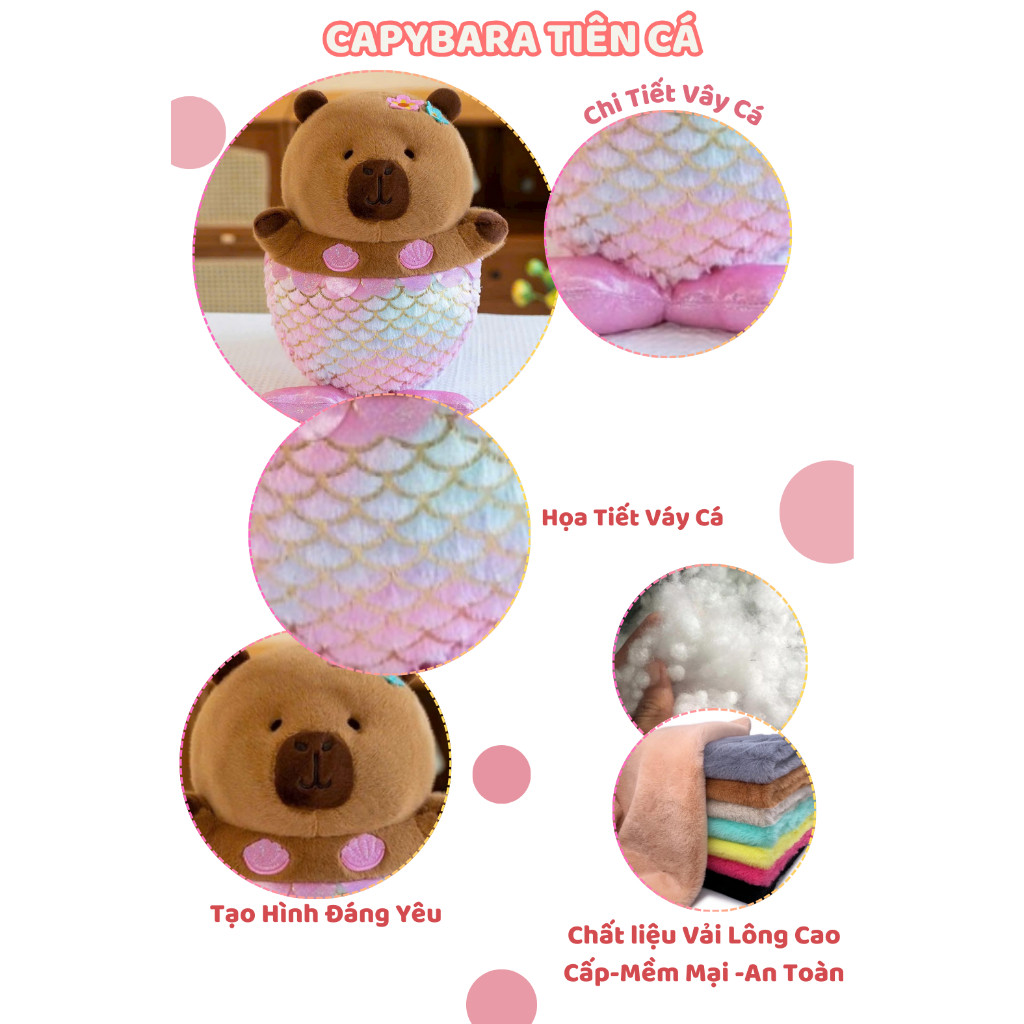 Capybara Tiên Cá Gấu Capybara Cosplay Nàng Tiên Cá Họa Tiết Chân Váy Vẩy Cá Màu Óng Ánh Ngọc Trai