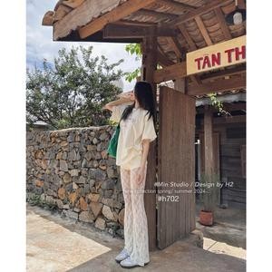 Set áo cotton cao cấp in nơ phối quần ren ống loe slay sang chảnh dành cho nữ mặc đi chơi du lịch xịn - Baotrang.clothes
