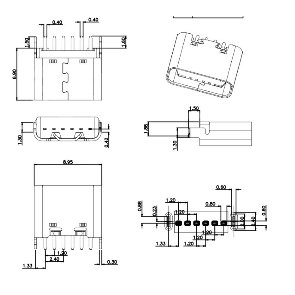 Ổ cắm USB TYPE-C 6P dọc 5/6.9/9.3/10.0/10.5MM DIP 180°