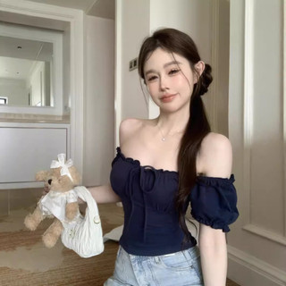 Áo thun nữ mùa hè 2025 cổ vuông tay bồng viền diềm gợi cảm dáng ngắn sexy