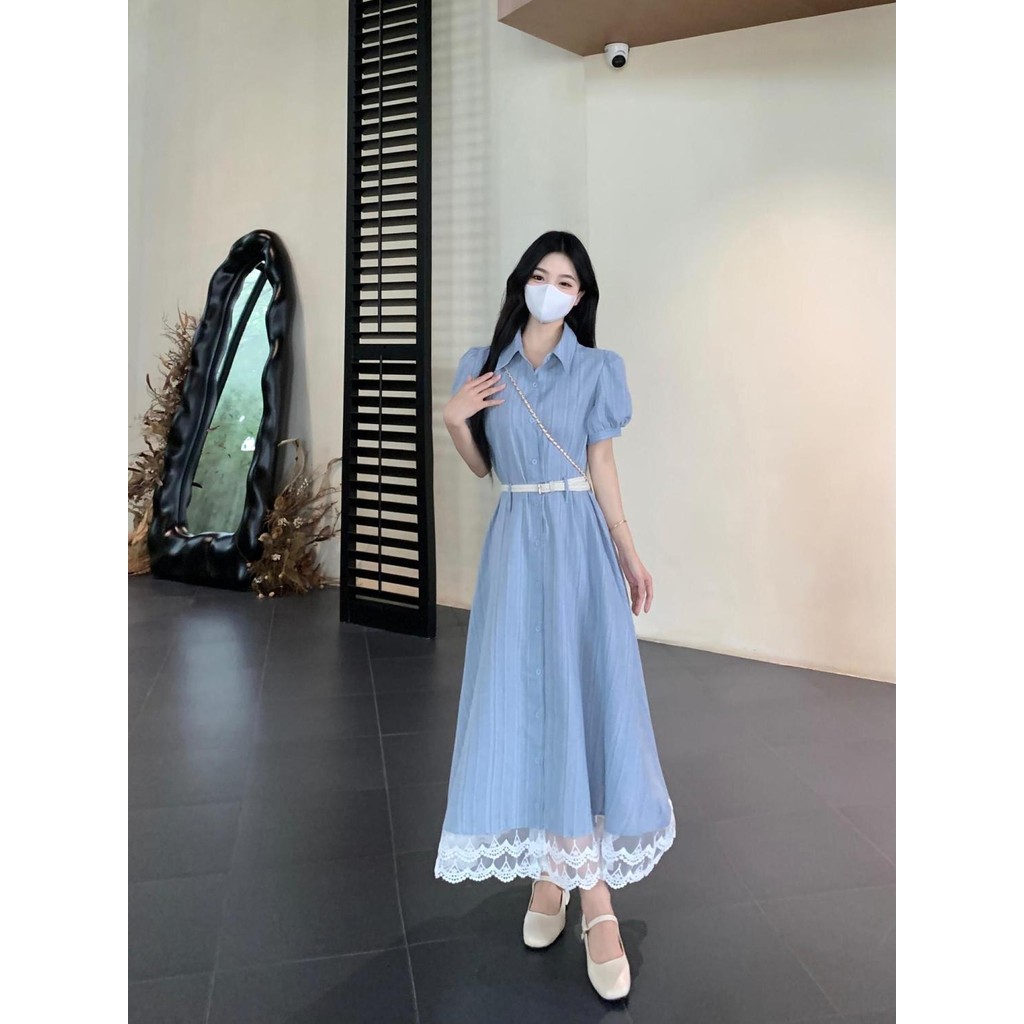 [YU]Đầm ngắn tay cổ polo phong cách Pháp, viền ren duyên dáng, ôm eo, dáng váy thanh lịch.