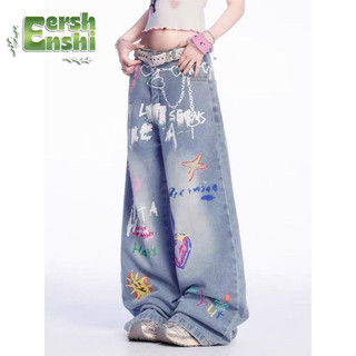 Quần Jean Unisex thiết kế thẳng, phong cách mùa hè mới của Mỹ với họa tiết graffiti